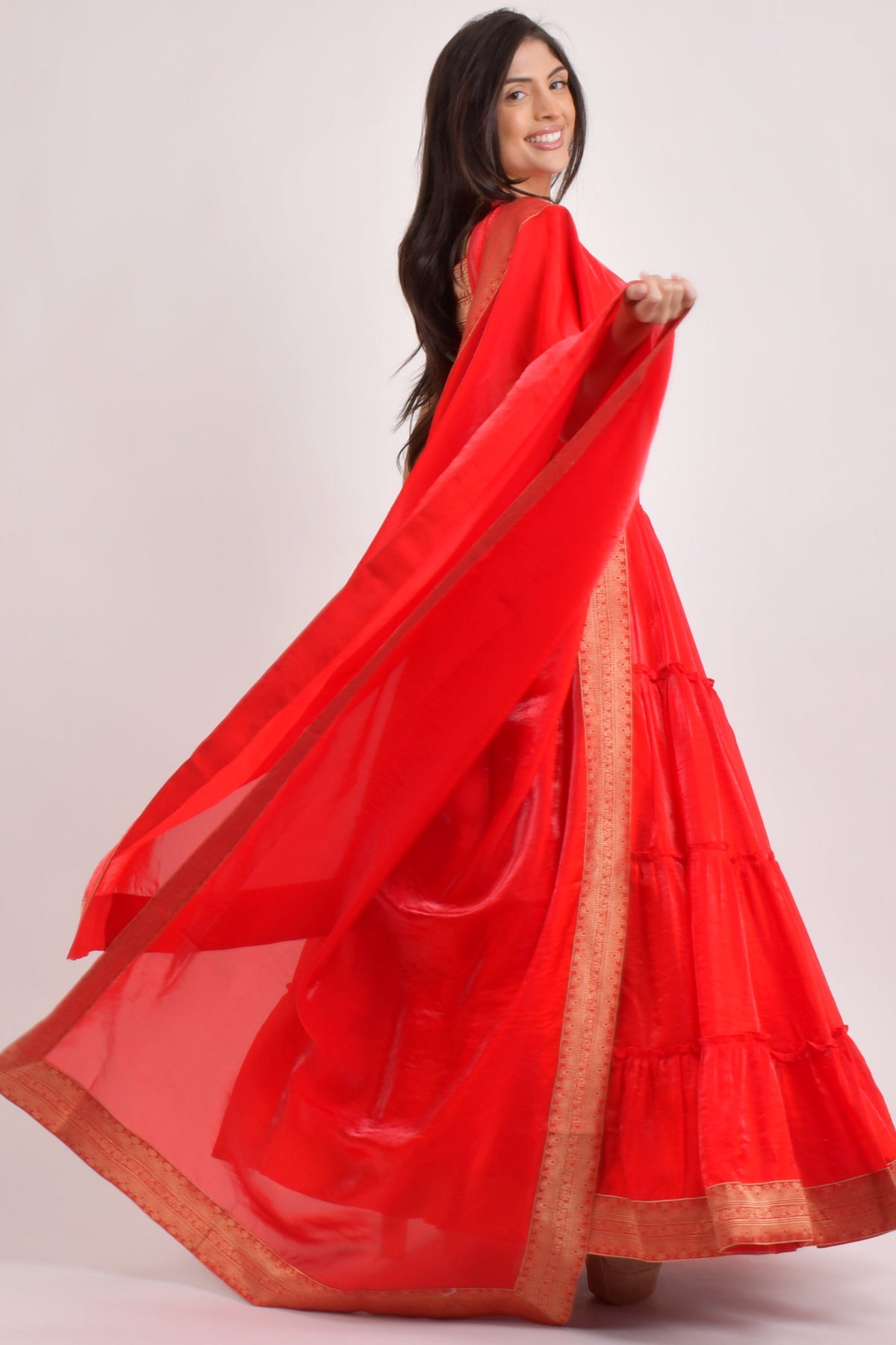 Cherrie Red Tiered Shimmer Lehenga Choli-[comfort-first-design]-[lightweight]-Raas
