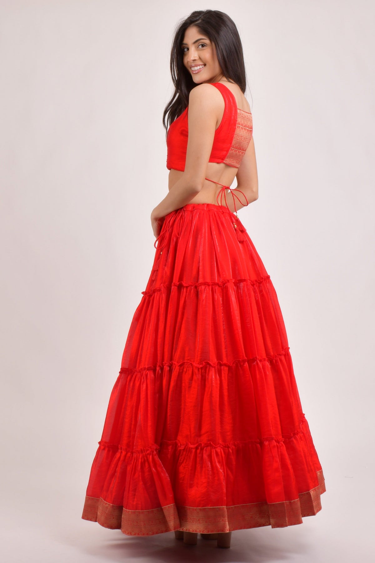 Cherrie Red Tiered Shimmer Lehenga Choli-[comfort-first-design]-[lightweight]-Raas
