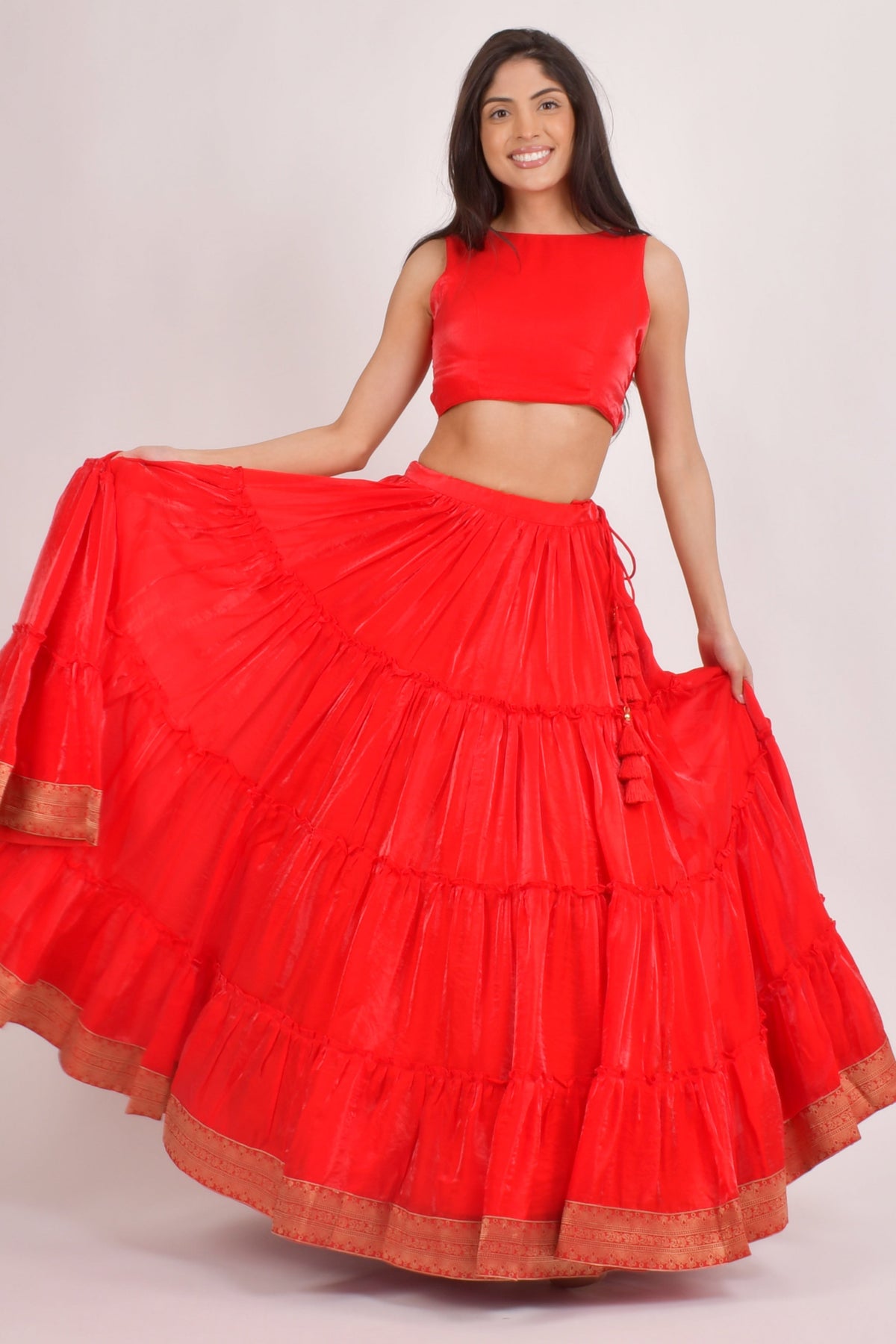 Cherrie Red Tiered Shimmer Lehenga Choli-[comfort-first-design]-[lightweight]-Raas