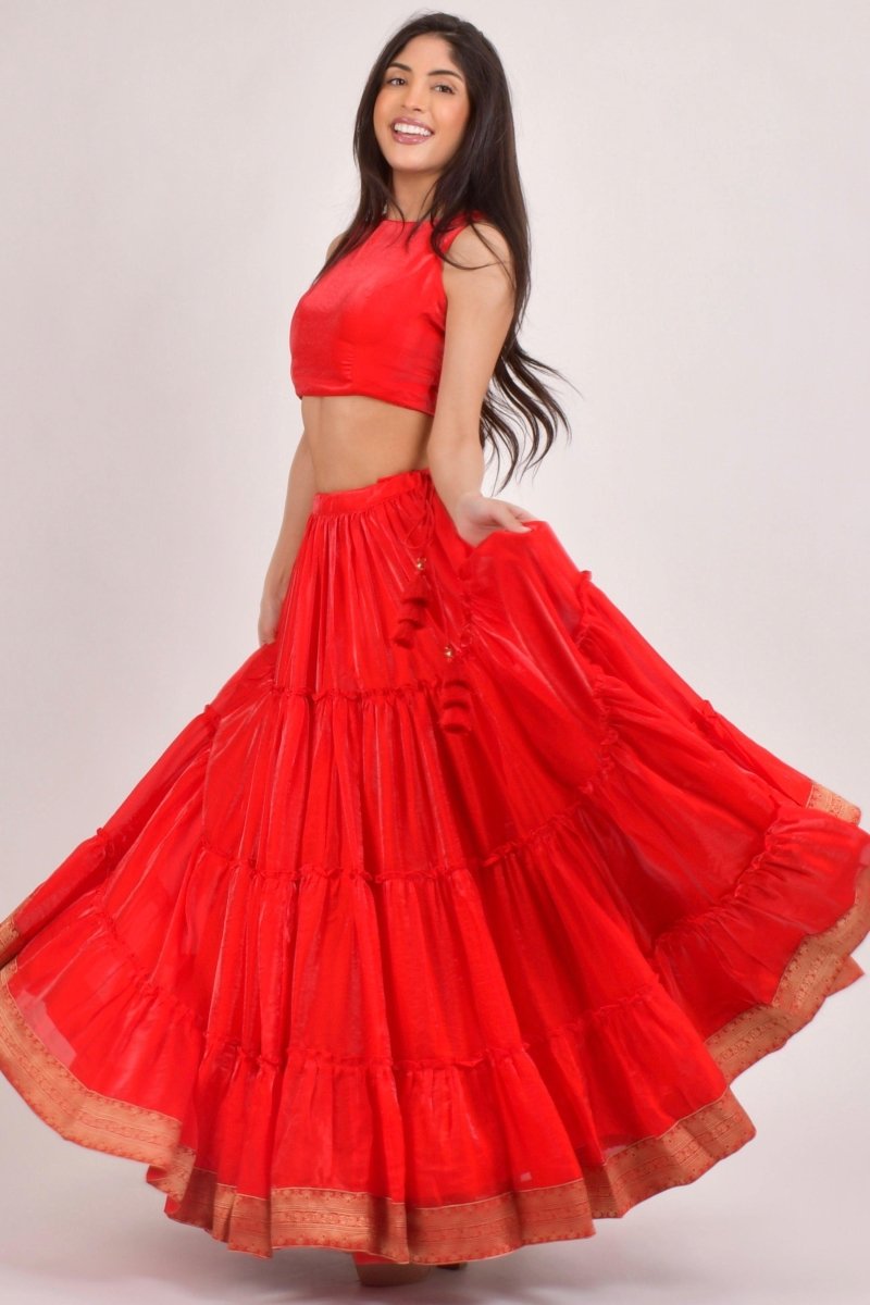 Cherrie red tiered shimmer lehenga choli, front view, wedding and engagement wear