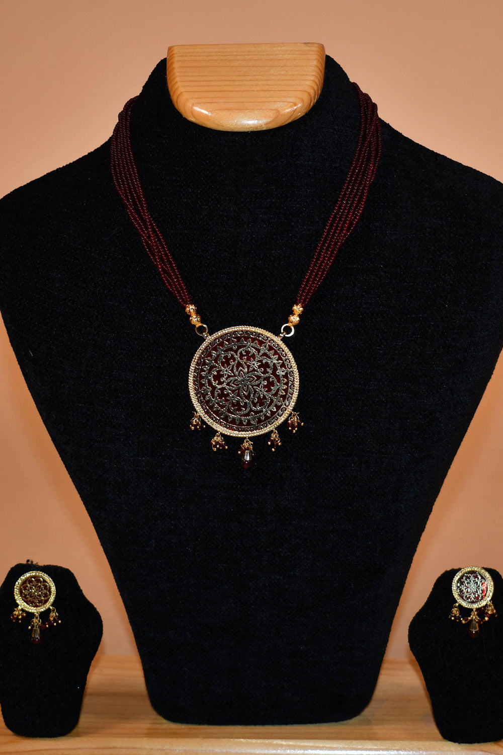 Circular Brown Carved Necklace Set FASHION JEWELRY RAAS