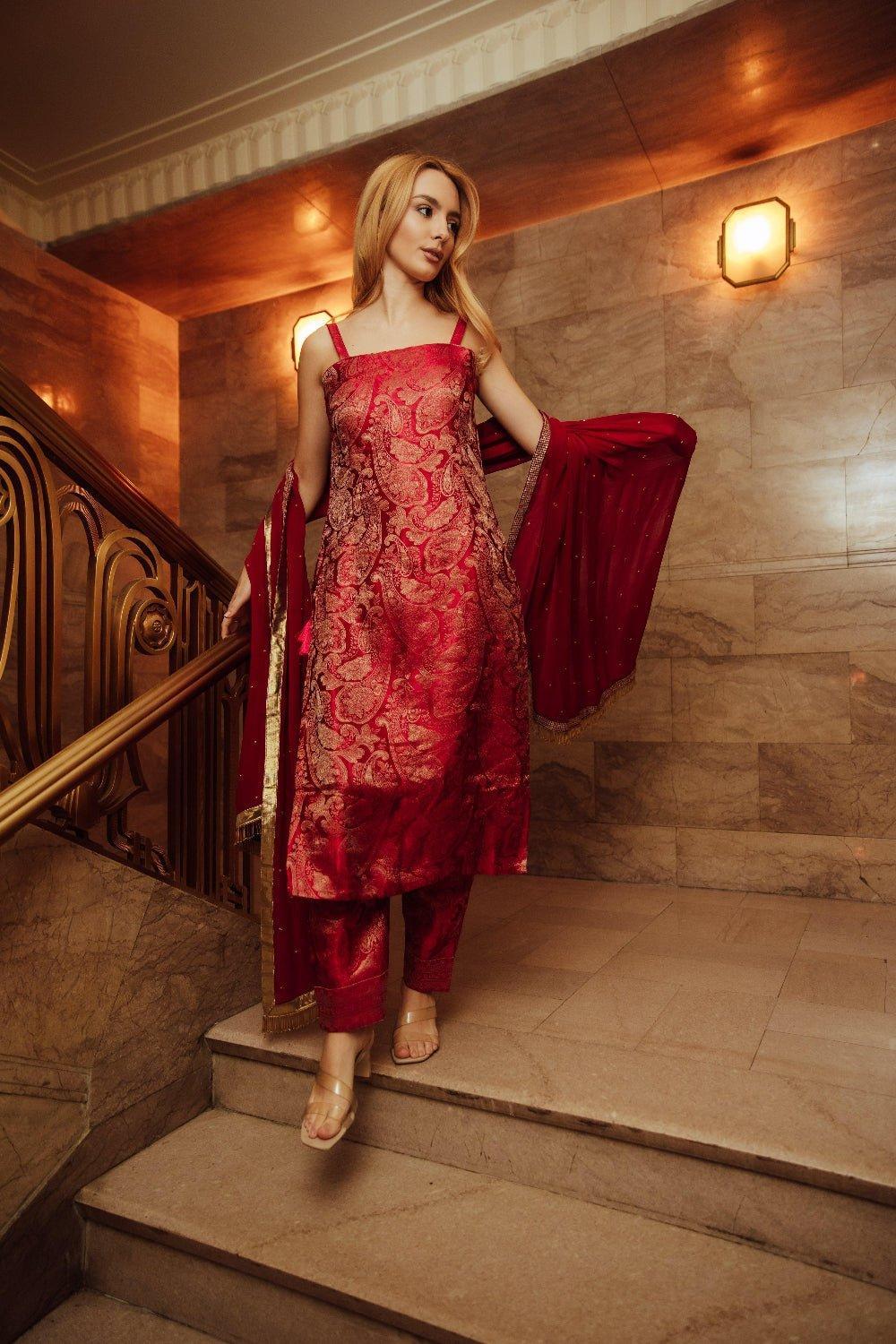 Coraline Banarasi Silk Red Salwar Kameez Set-Raas