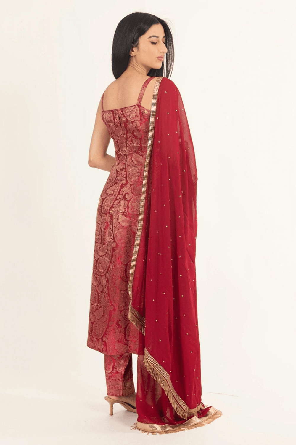 Coraline Banarasi Silk Red Salwar Kameez Set-Raas