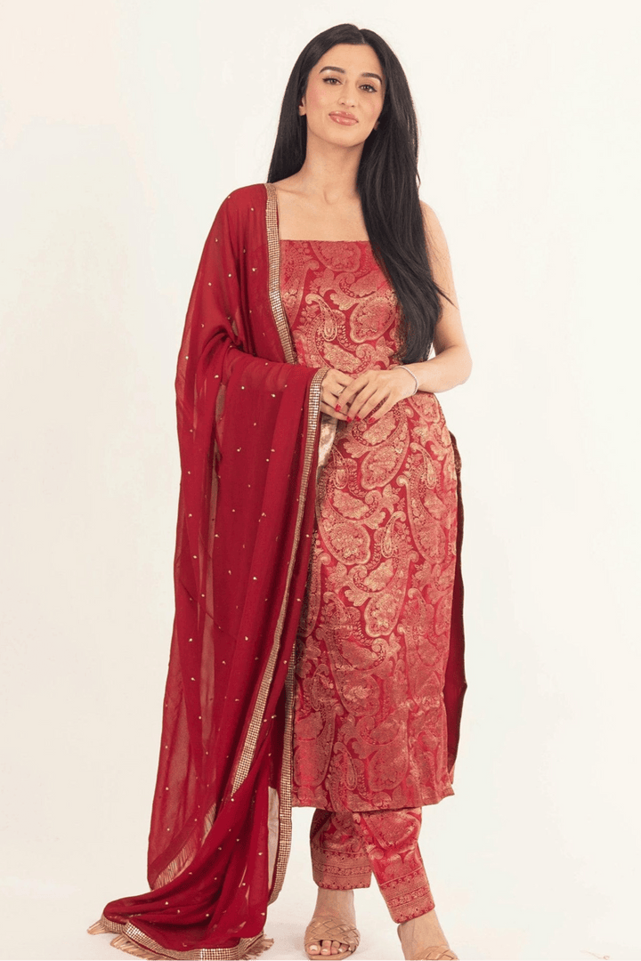 Coraline Banarasi Silk Red Salwar Kameez Set-Raas