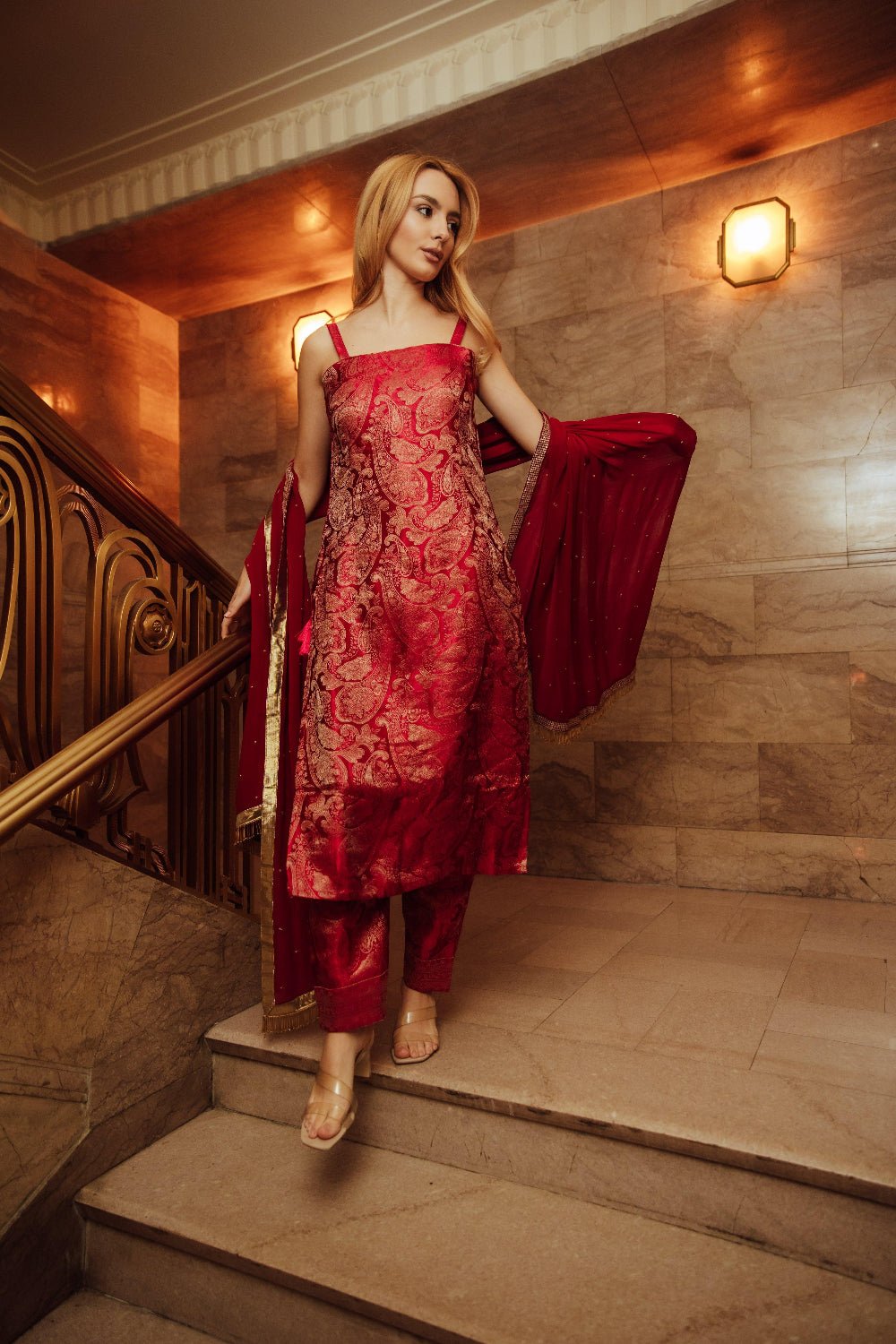 Coraline Banarasi Silk Red Salwar Kameez Set-Raas USA