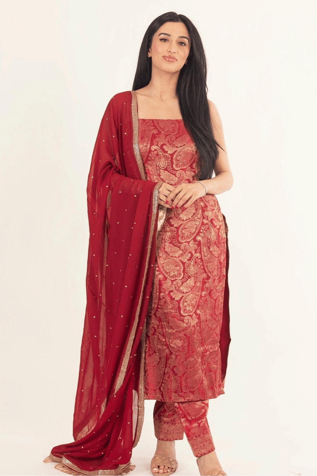 Coraline Banarasi Silk Red Salwar Kameez Set-Raas USA