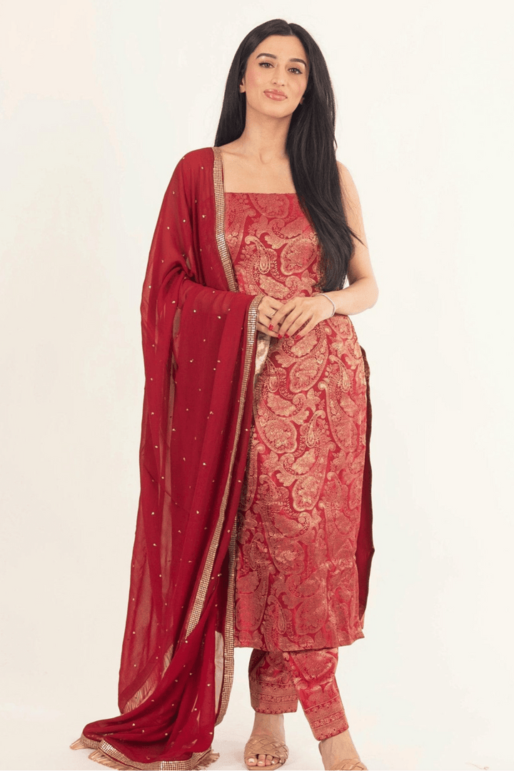 Coraline Banarasi Silk Red Salwar Kameez Set-Raas USA