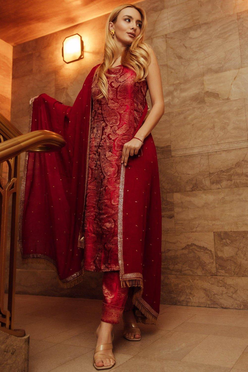 Coraline Banarasi Silk Red Salwar Kameez Set-Raas