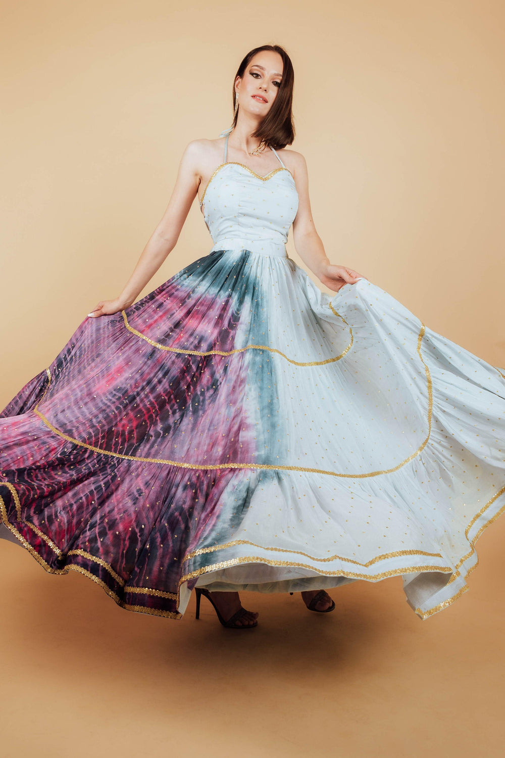 Cordelia Long Dress: Sky-blue chinon, tiered, hand tie-dye, all-over sequins, back zipper.