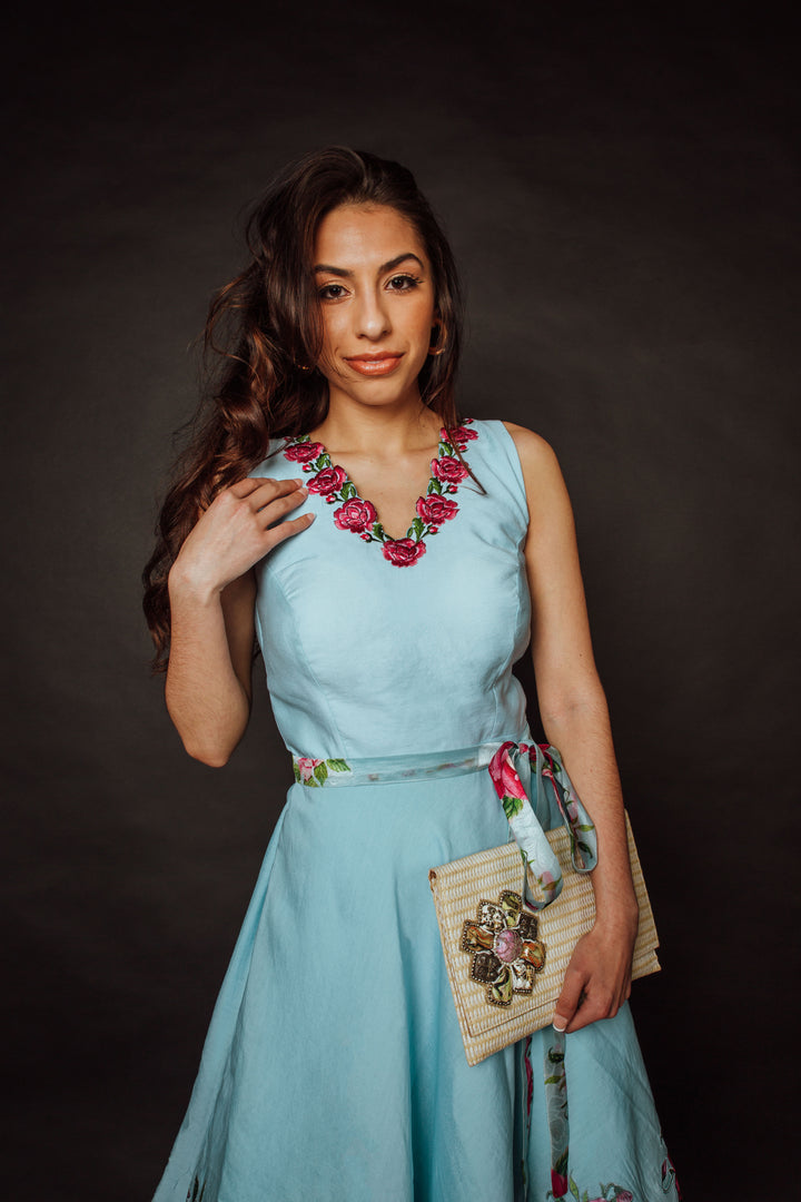 Nerissa Blue Midi Dress with Floral Embroidery