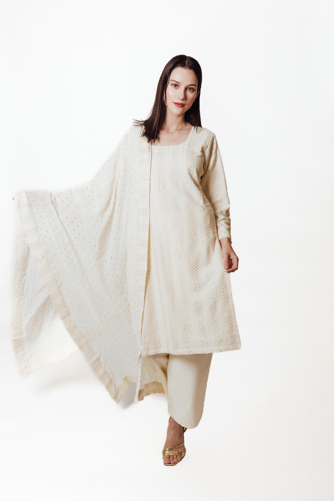 Daniella Cream Salwar Suit with Chikankari and Mukaish ANARKALI & GOWN RAAS