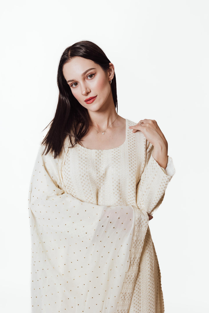 Daniella Cream Salwar Suit with Chikankari and Mukaish ANARKALI & GOWN RAAS