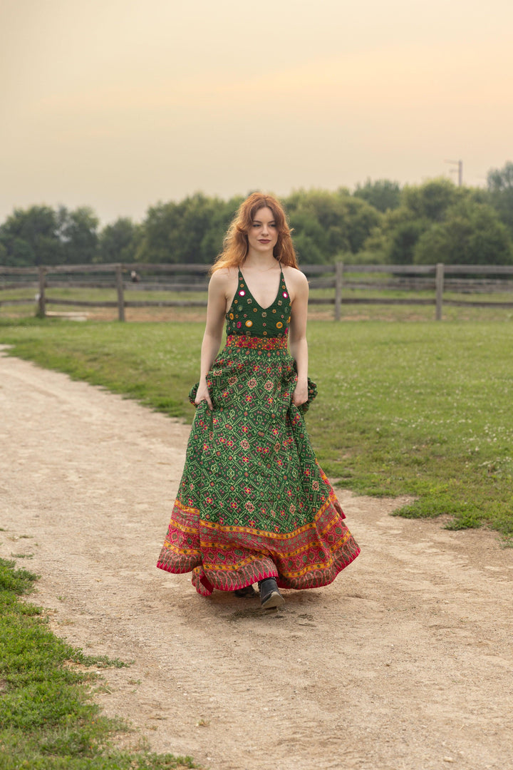 Green Open Back Dress with Hand Embroidered Torso dresses RAAS