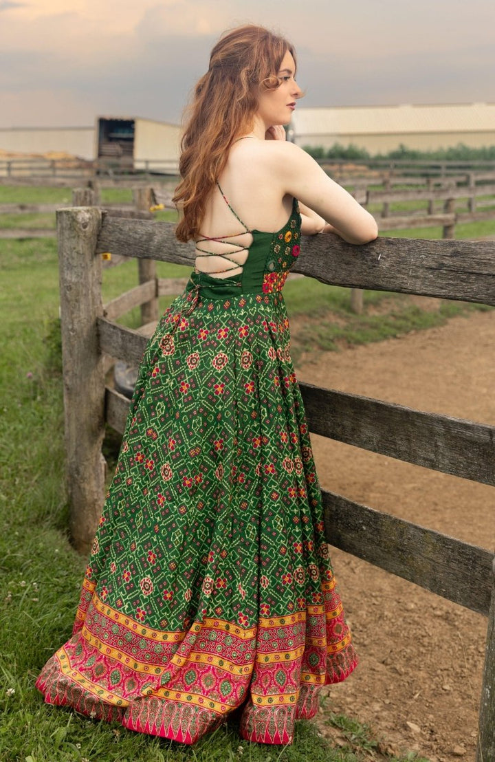 Green Open Back Dress with Hand Embroidered Torso