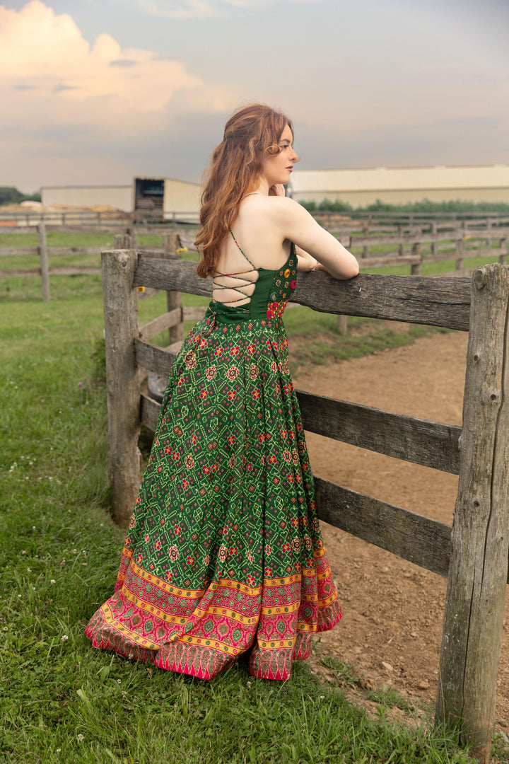 Green Open Back Dress with Hand Embroidered Torso dresses RAAS
