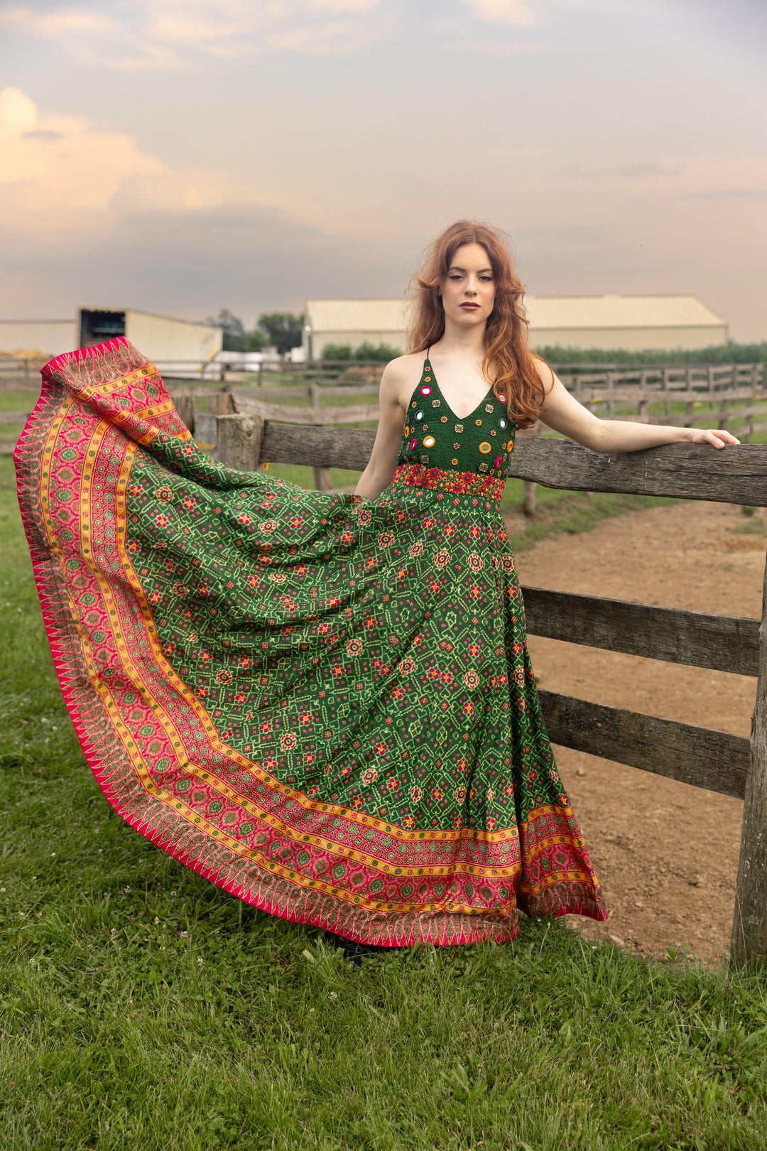 Green Open Back Dress with Hand Embroidered Torso dresses RAAS