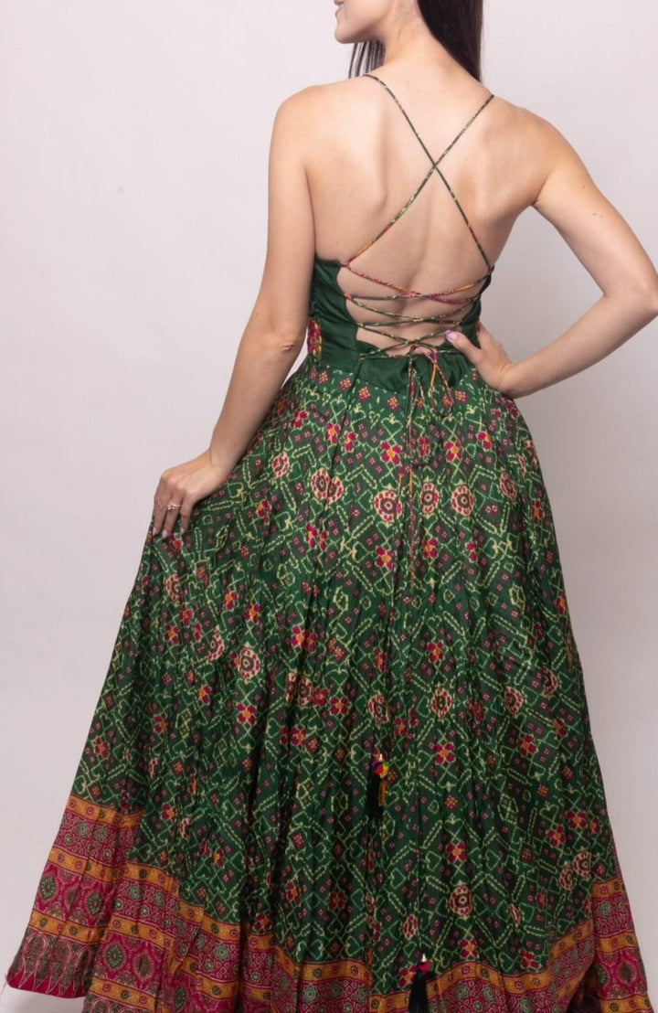 Green Open Back Dress with Hand Embroidered Torso