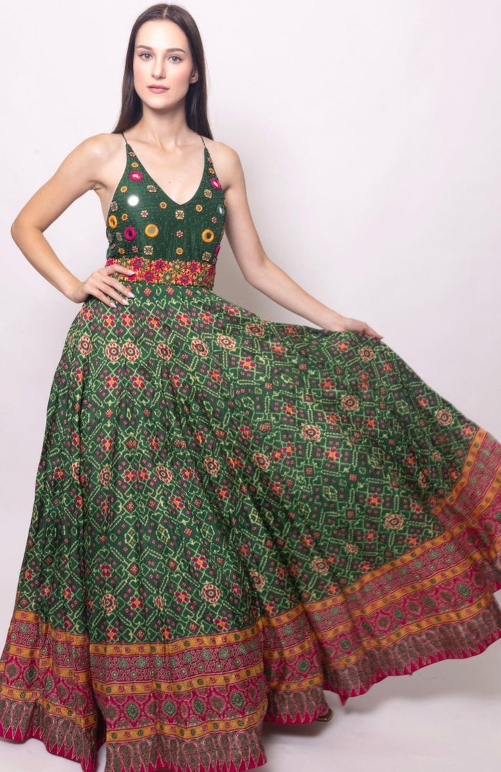 Green Open Back Dress with Hand Embroidered Torso