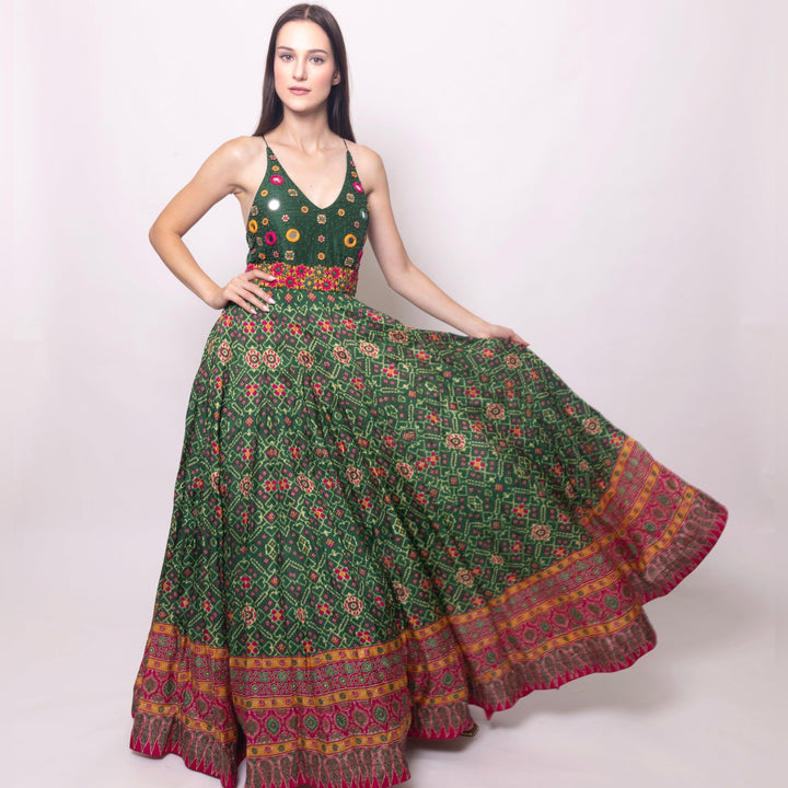 Green Open Back Dress with Hand Embroidered Torso dresses RAAS