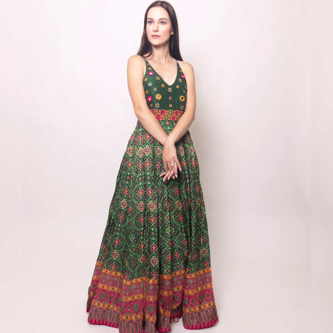 Green Open Back Dress with Hand Embroidered Torso dresses RAAS