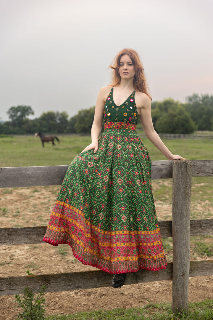 Green Open Back Dress with Hand Embroidered Torso dresses RAAS