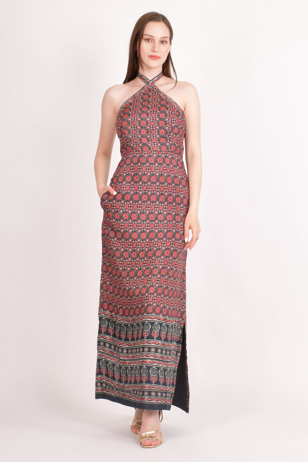 Maroon muslin silk double slit halter maxi dress with Ajrakh floral print and black border.