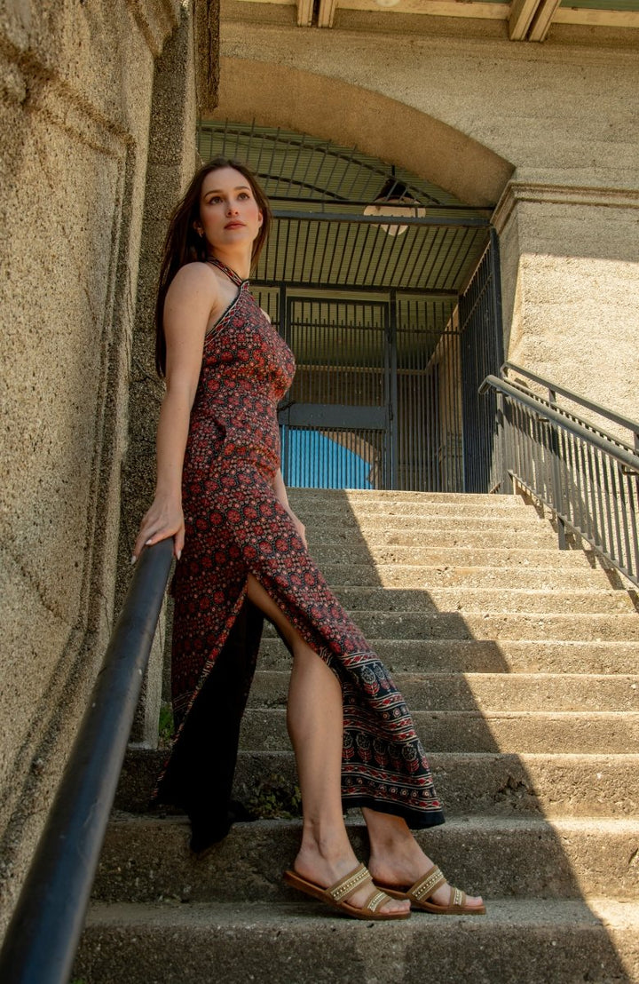 Double Slit Halter Maxi Dress-Raas USA