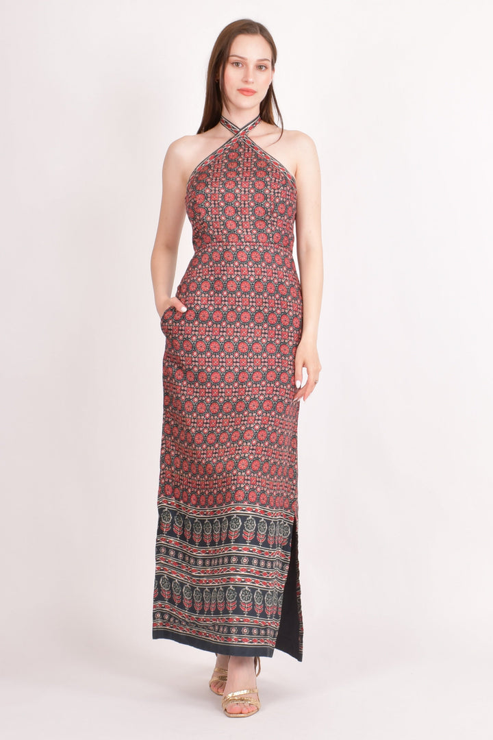 Double Slit Halter Maxi Dress-Raas USA