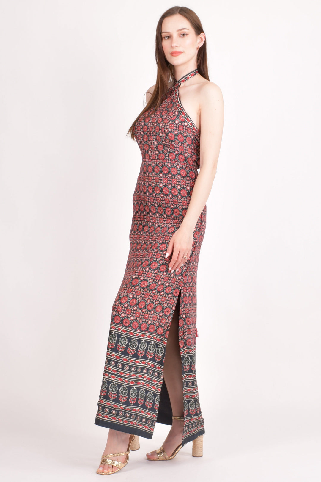 Double Slit Halter Maxi Dress-Raas USA