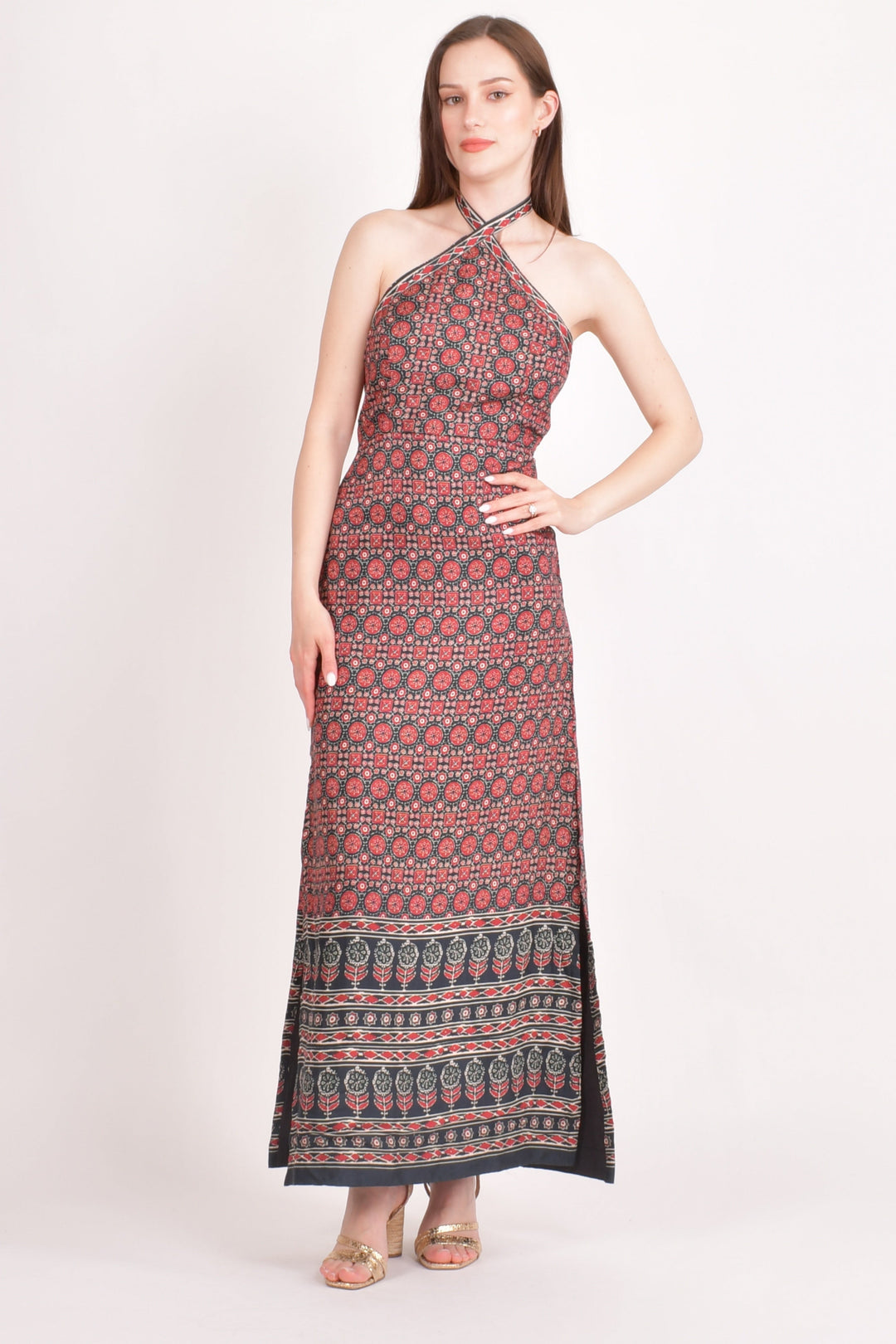 Double Slit Halter Maxi Dress-Raas USA