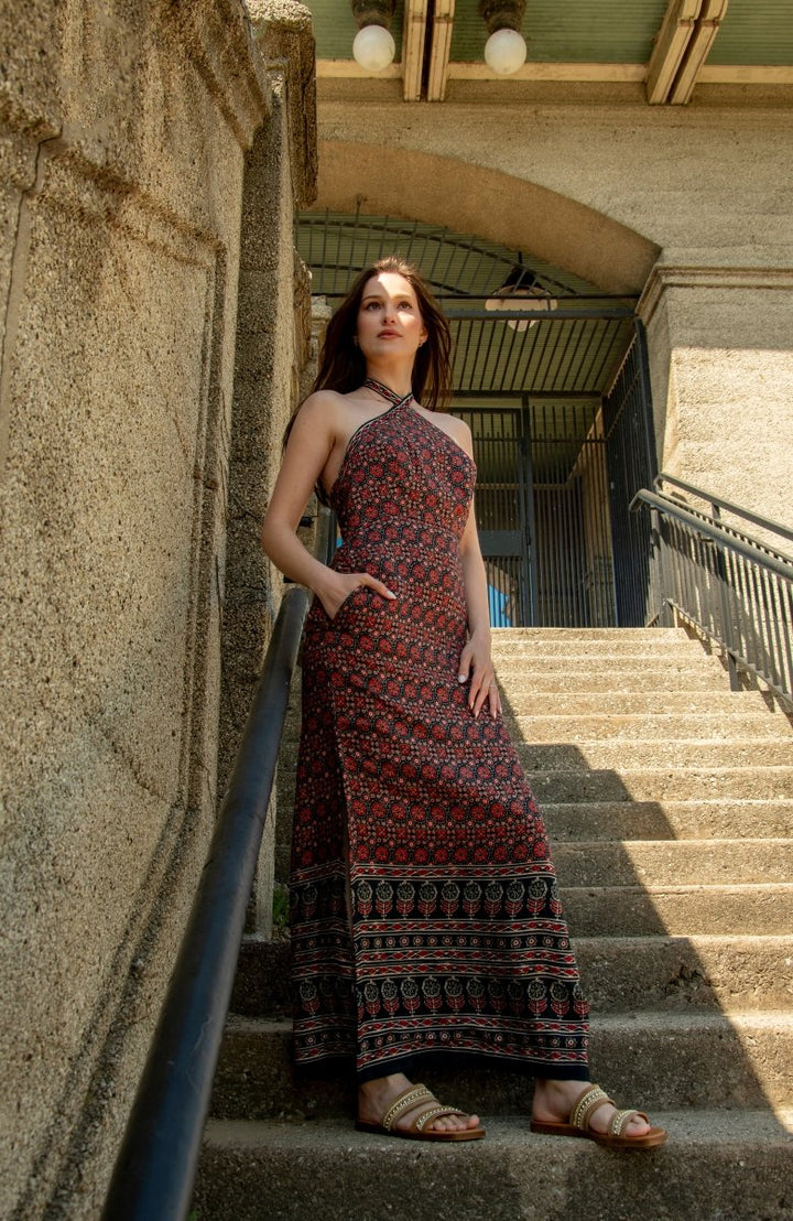 Double Slit Halter Maxi Dress-Raas USA