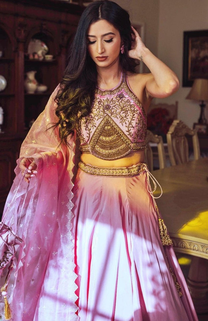 Dusty Rose Pink Lehenga With Hand Embroidered Zardozi Blouse-[mehendi outfit]-Raas