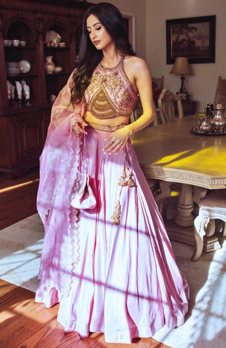 Dusty Rose Pink Lehenga With Hand Embroidered Zardozi Blouse-[mehendi outfit]-Raas