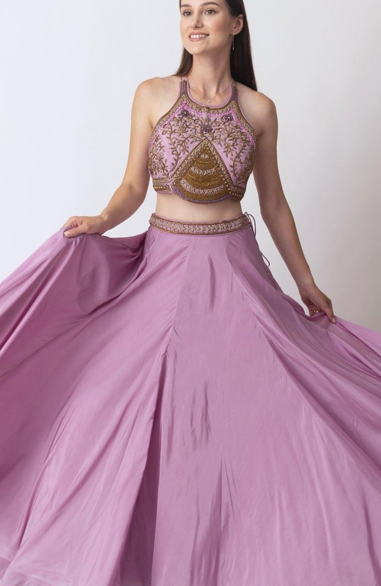Dusty Rose Pink Lehenga With Hand Embroidered Zardozi Blouse-[mehendi outfit]-Raas