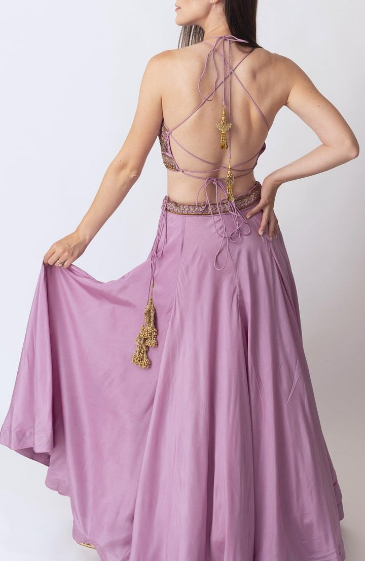 Dusty Rose Pink Lehenga With Hand Embroidered Zardozi Blouse-[mehendi outfit]-Raas