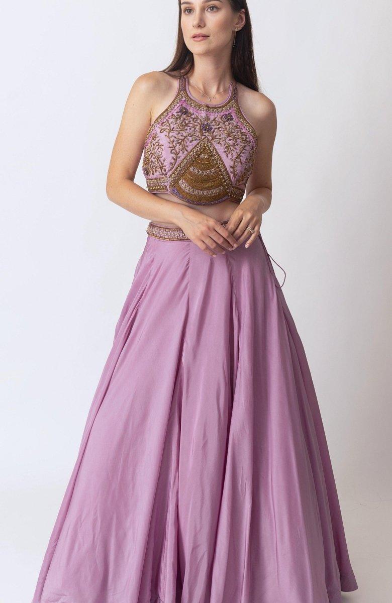 Dusty rose pink lehenga styled with sequin-embroidered organza dupatta