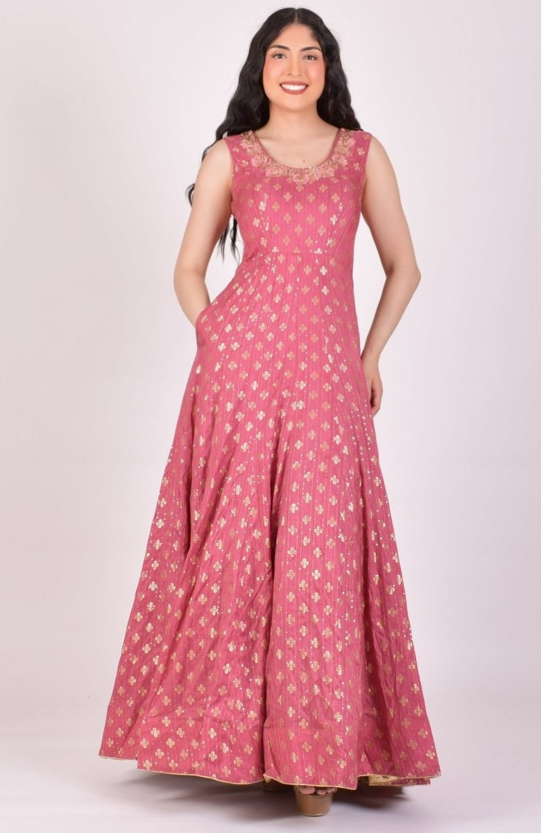 Dusty Pink Sequin Anarkali Gown with pocket