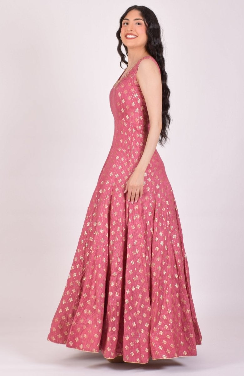 Dusty Pink Sequin Anarkali Gown with pocket