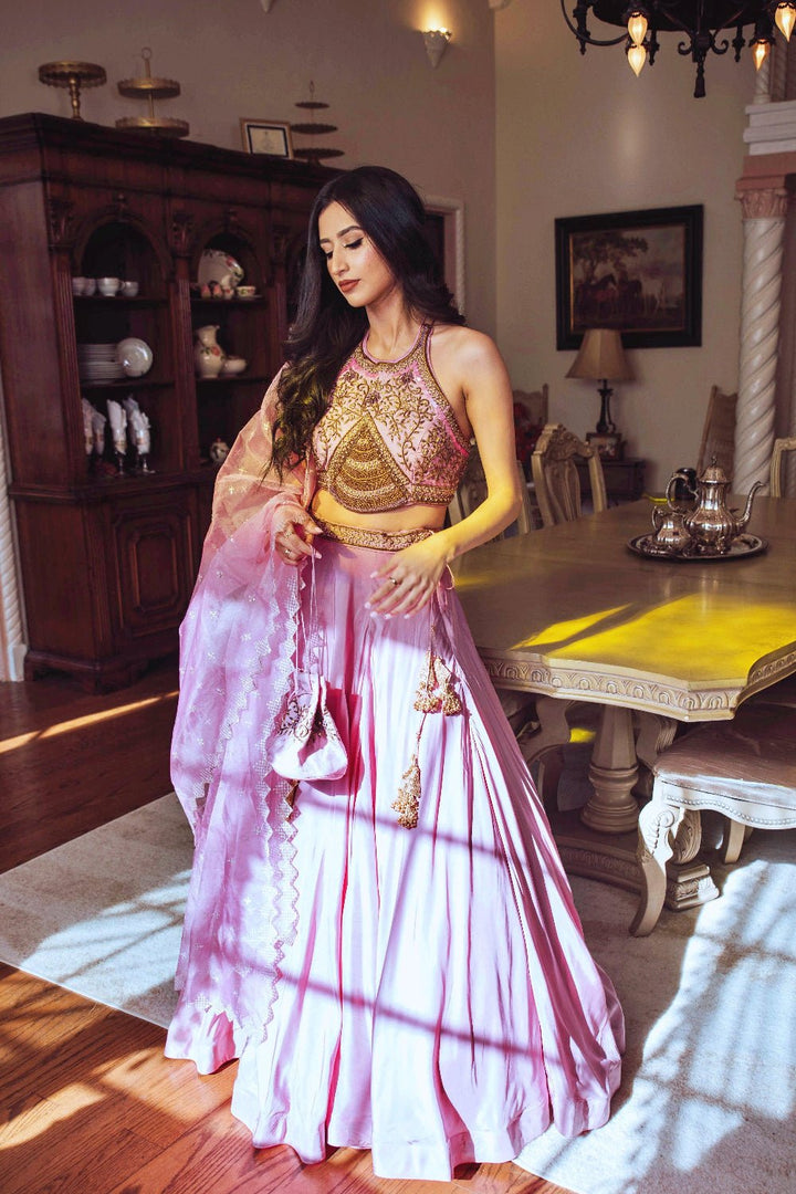 Soft Silk Dusty Rose Pink Lehenga With Hand Embroidered Blouse - USA - Raas