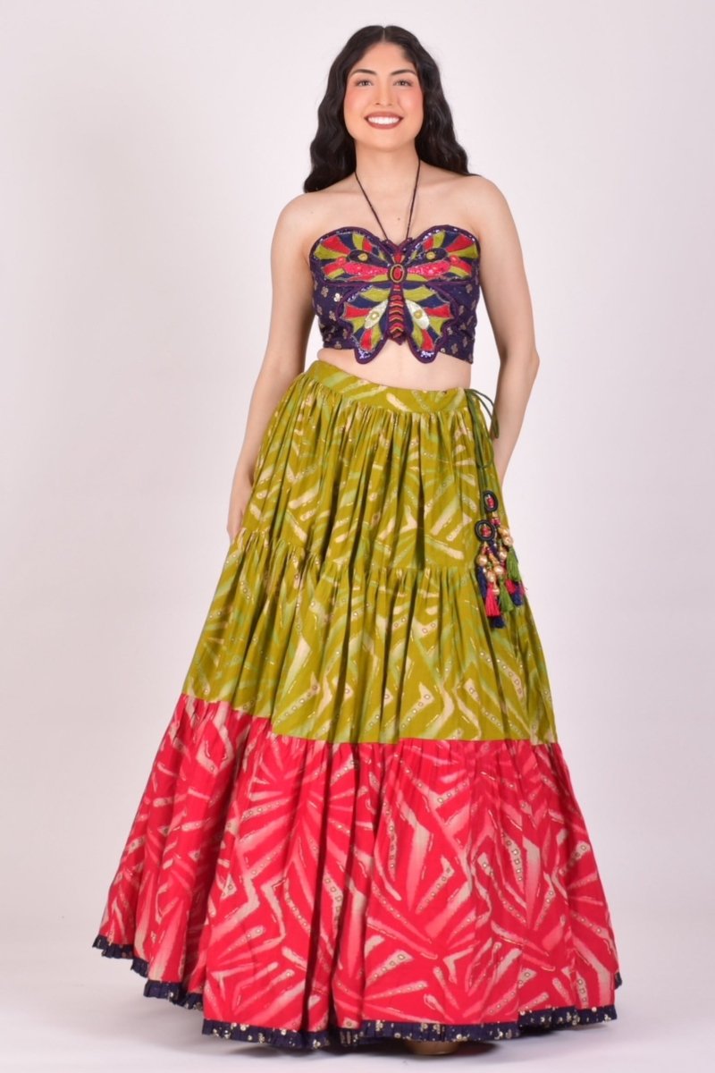 Parrot Green & Fuchsia Bandhani Tiered Chaniya Choli