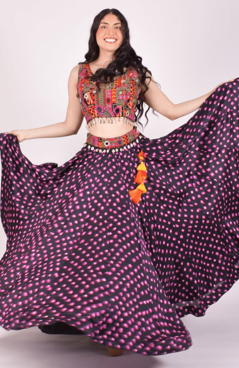 Black Bandhej Kutchi Chaniya Choli With Shells