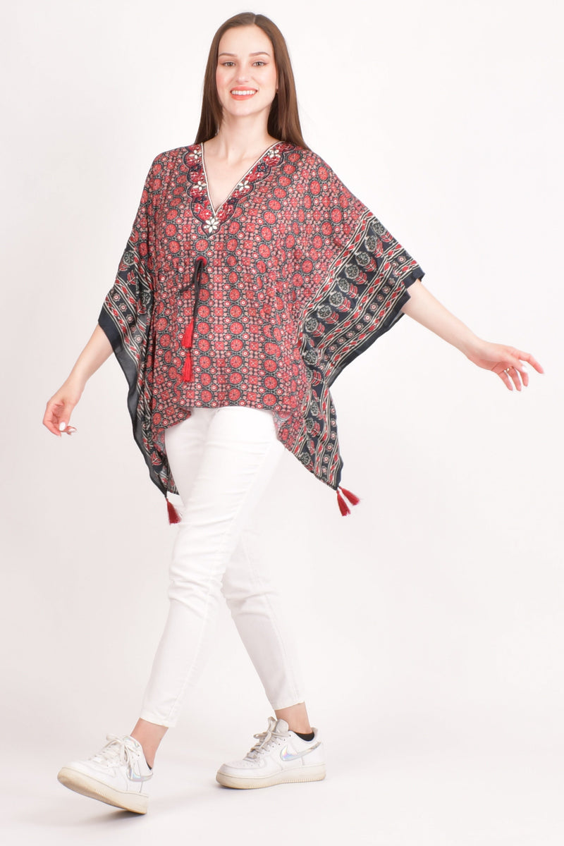 Embroidered Ajrakh Kaftan Top TOPS & TUNICS RAAS