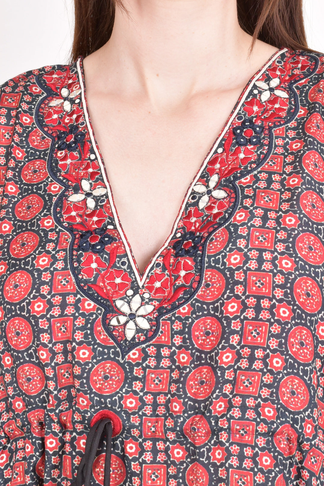 Embroidered Ajrakh Kaftan Top-Raas USA
