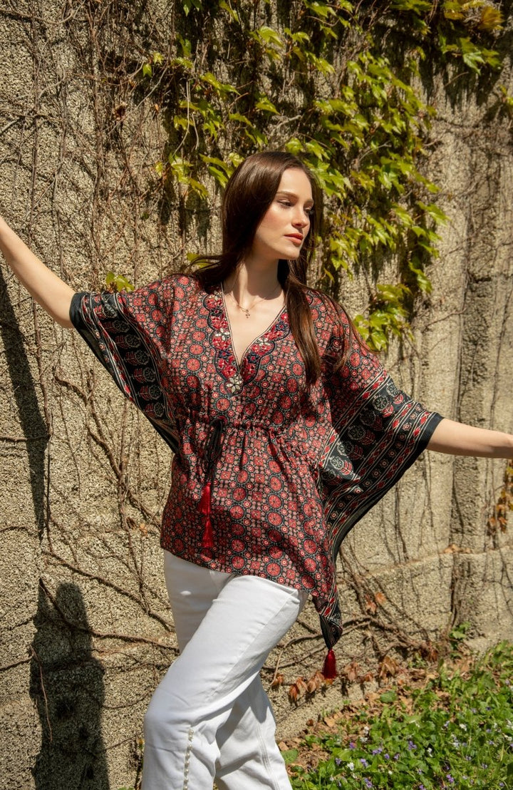 Embroidered Ajrakh Kaftan Top-Raas USA