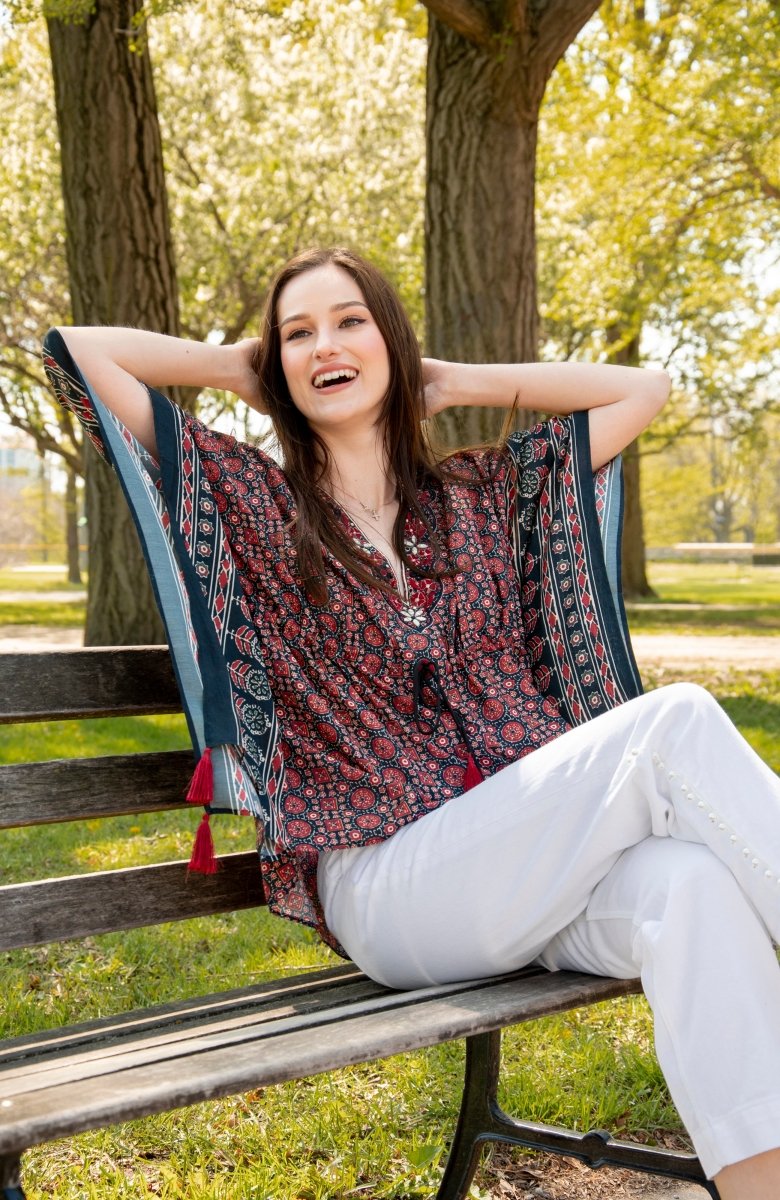 Embroidered Ajrakh Kaftan Top-Raas USA