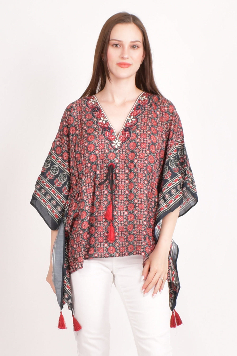 Embroidered Ajrakh Kaftan Top TOPS & TUNICS RAAS