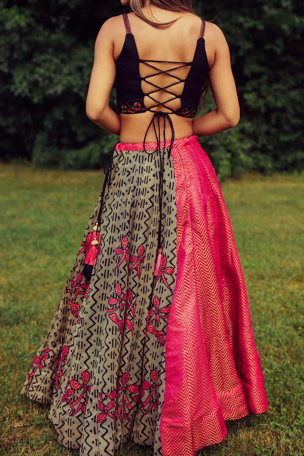 Multicolor embroidered cotton-silk Chaniya Choli with black lace-up blouse, ideal for Garba.