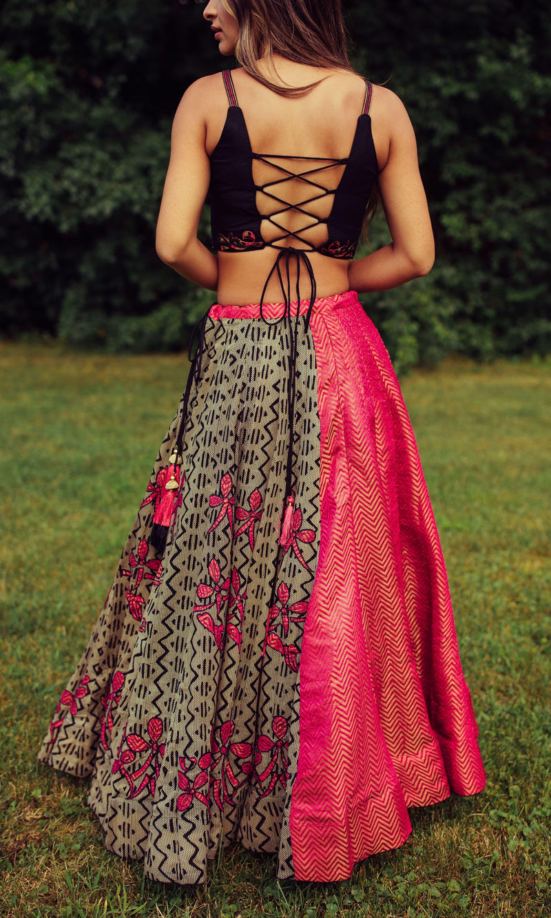 Multicolor embroidered cotton-silk Chaniya Choli with black lace-up blouse, ideal for Garba.