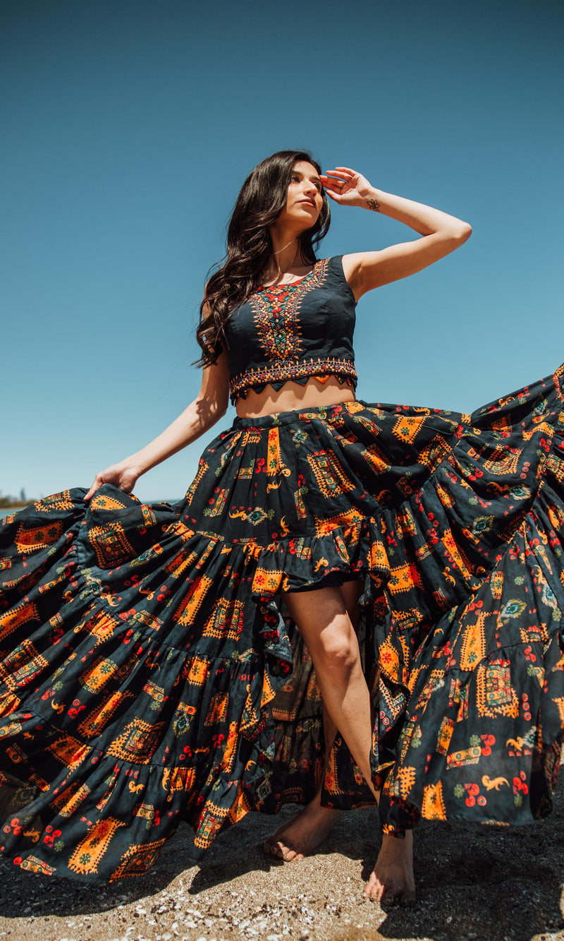 Embroidered Navy High Low Skirt Set dresses RAAS