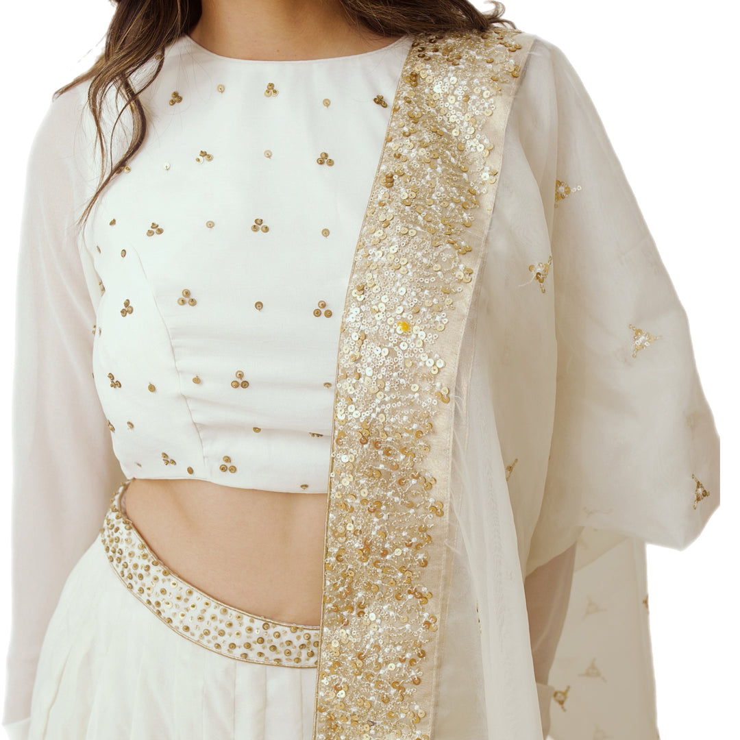 Off White shimmer lehenga  sequins work choli and drape